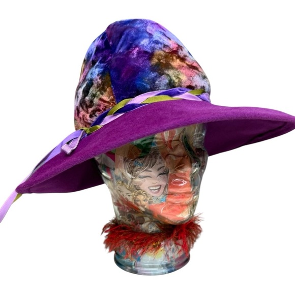 Vintage Gypsy Wizard Purple Wide Brim Hat Crushed Velvet Crown Ribbon Union Made - Picture 5 of 12